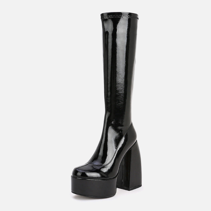 Chunky Leather Heel Above Knee Platform Boots