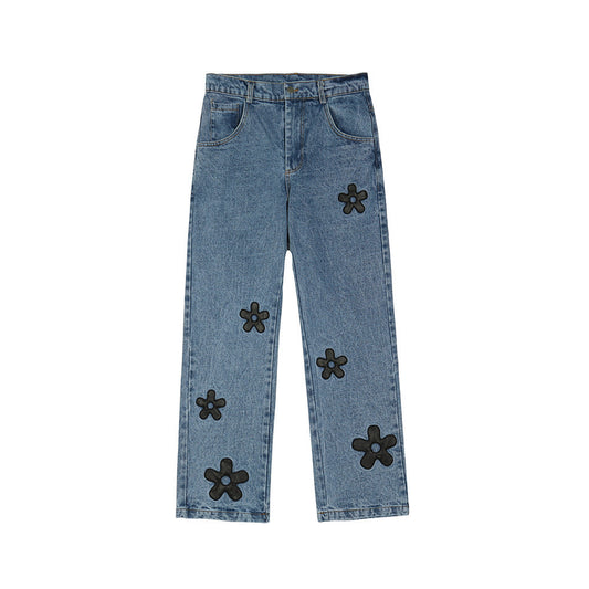 Straight Leg Flower Design Jeans