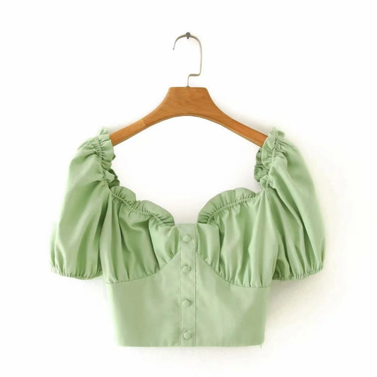 Green Retro Square Neck Short Puff Sleeve Top