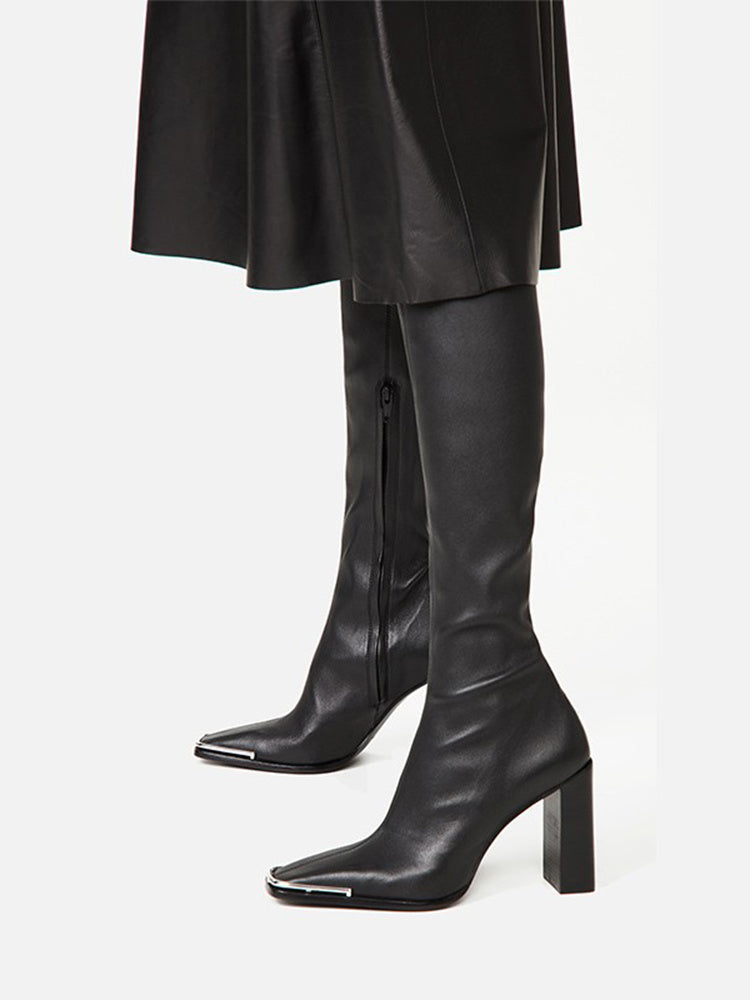 Silver Toe Chunky Heel Leather Slim Out Knee Boots