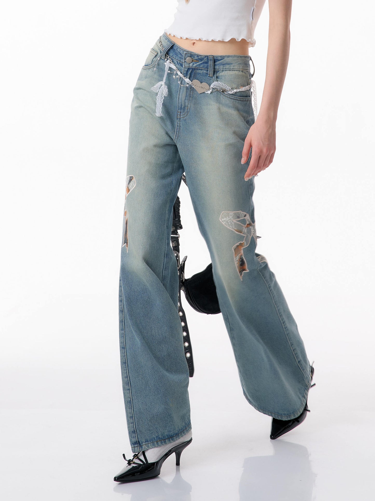 High Waist Bow Patch Wide Leg Straight Jeans