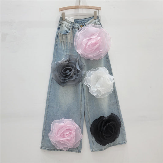 Flowers Design Wide Leg Jeans