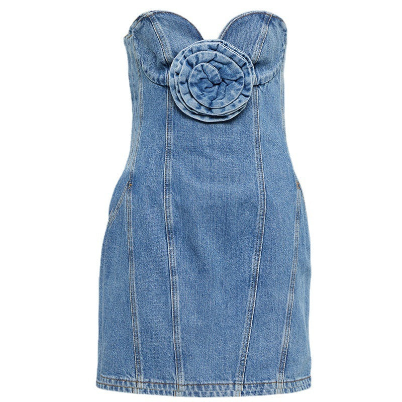 Sculptural Floral Appliqué Denim Dress