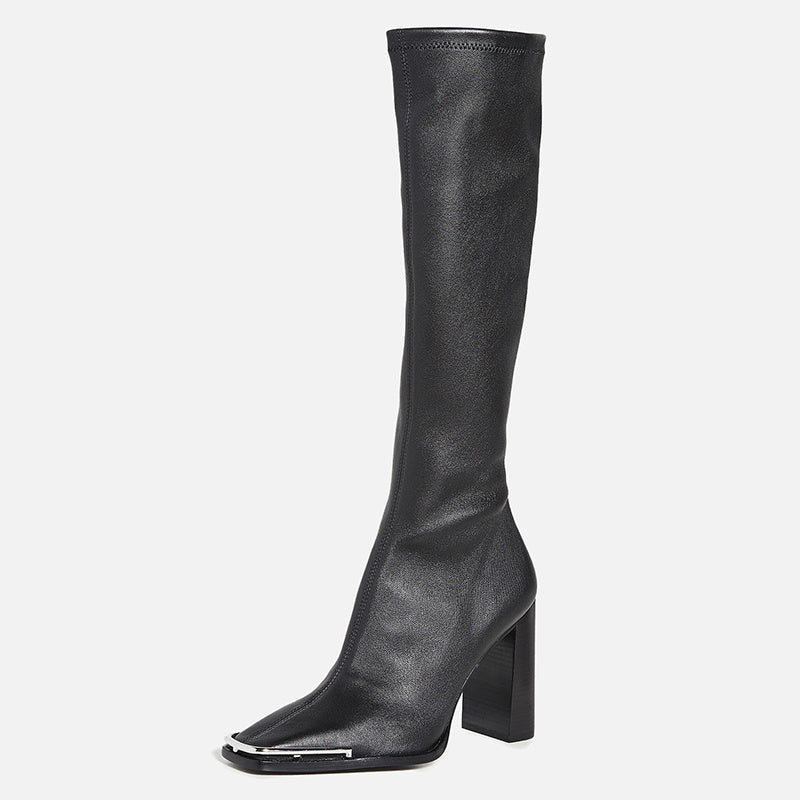 Silver Toe Chunky Heel Leather Slim Out Knee Boots