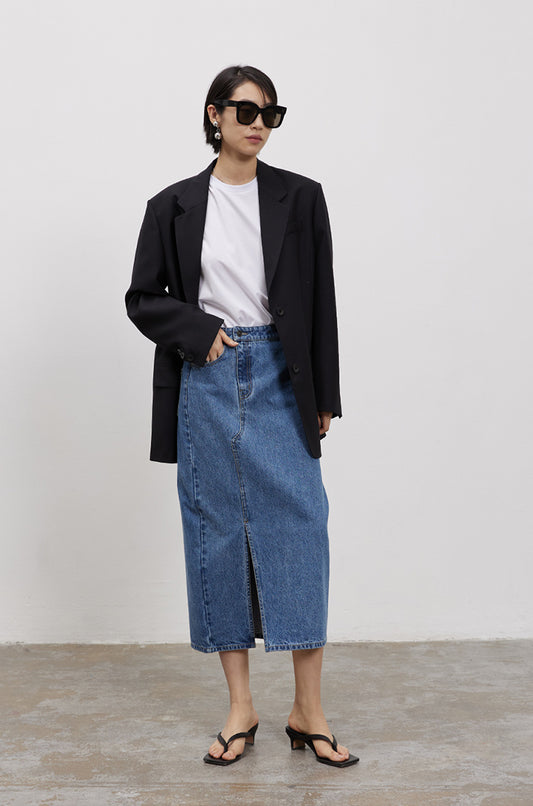 Washed Front Midi Slit Denim Skirt