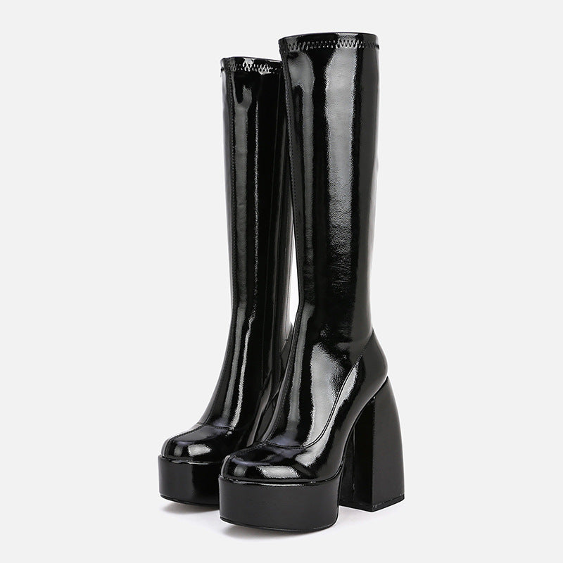 Chunky Leather Heel Above Knee Platform Boots