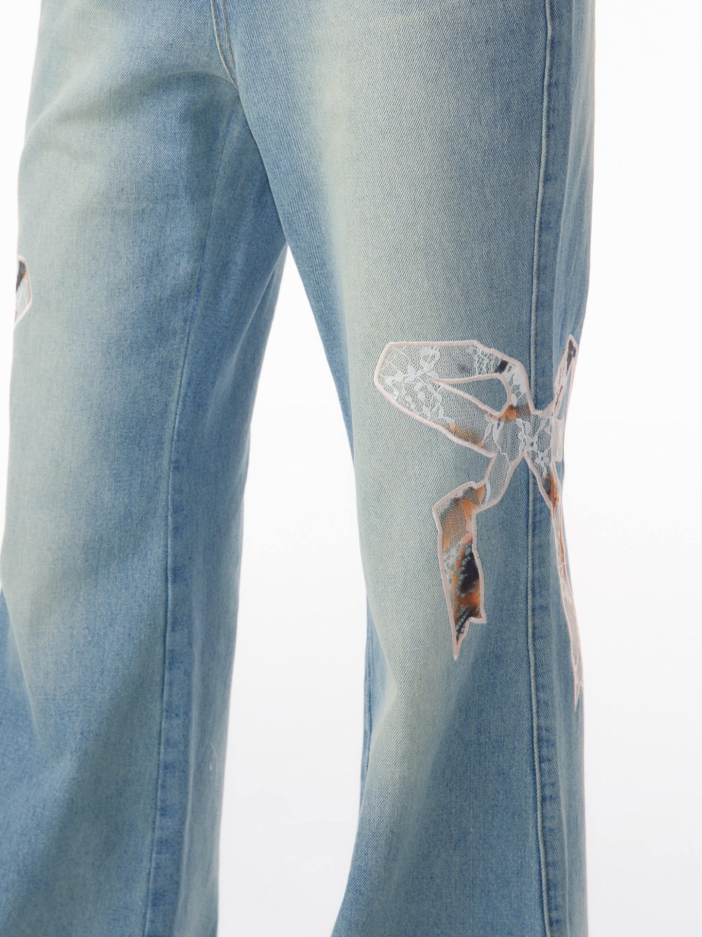 High Waist Bow Patch Wide Leg Straight Jeans