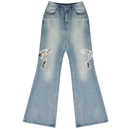 High Waist Bow Patch Wide Leg Straight Jeans