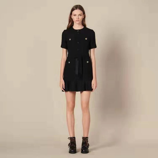 Pleated Black Button Detailed Dress