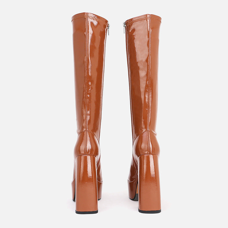 Chunky Leather Heel Above Knee Platform Boots