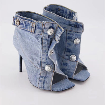 Woman's Front Buttons Denim High Heel Boots