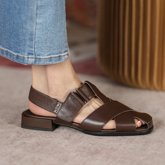 Flat Strap Retro Heel Sandals