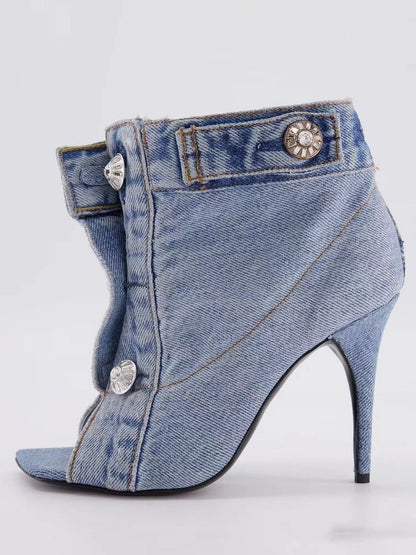 Woman's Front Buttons Denim High Heel Boots