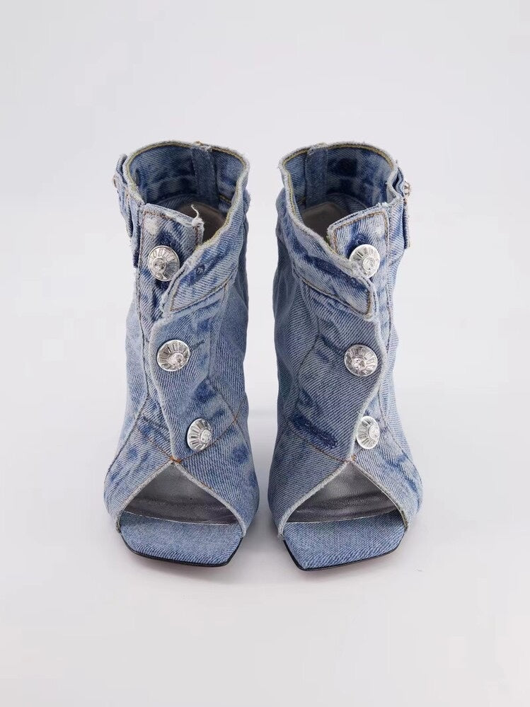 Woman's Front Buttons Denim High Heel Boots