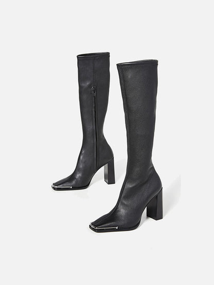 Silver Toe Chunky Heel Leather Slim Out Knee Boots