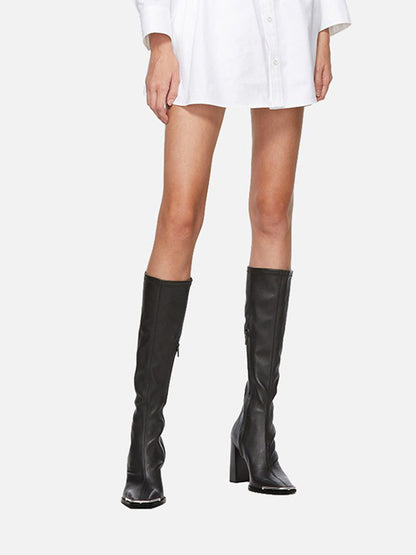 Silver Toe Chunky Heel Leather Slim Out Knee Boots