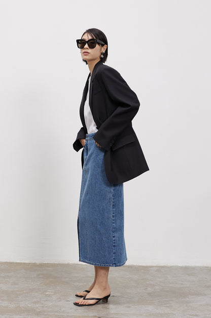 Washed Front Midi Slit Denim Skirt