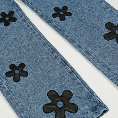 Straight Leg Flower Design Jeans