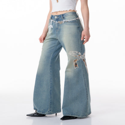 High Waist Bow Patch Wide Leg Straight Jeans