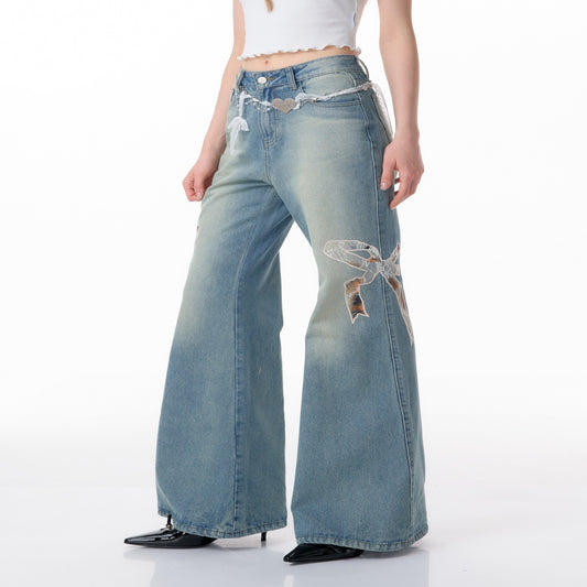 High Waist Bow Patch Wide Leg Straight Jeans