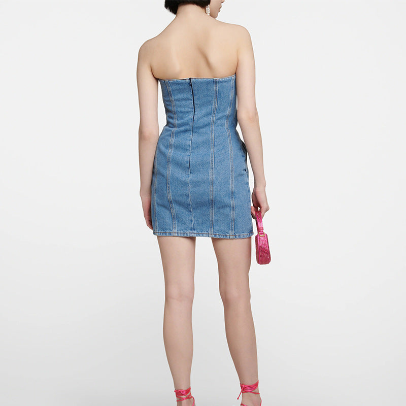 Sculptural Floral Appliqué Denim Dress