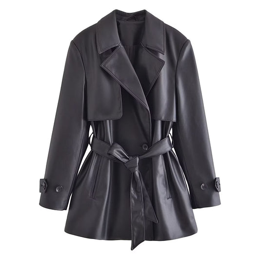 PU Leather Short Trench Coat